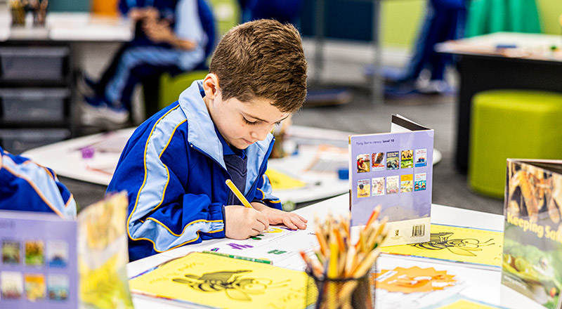 Student writing at his desk in the classroom at Our Lady Queen of Peace Primary School Greystanes