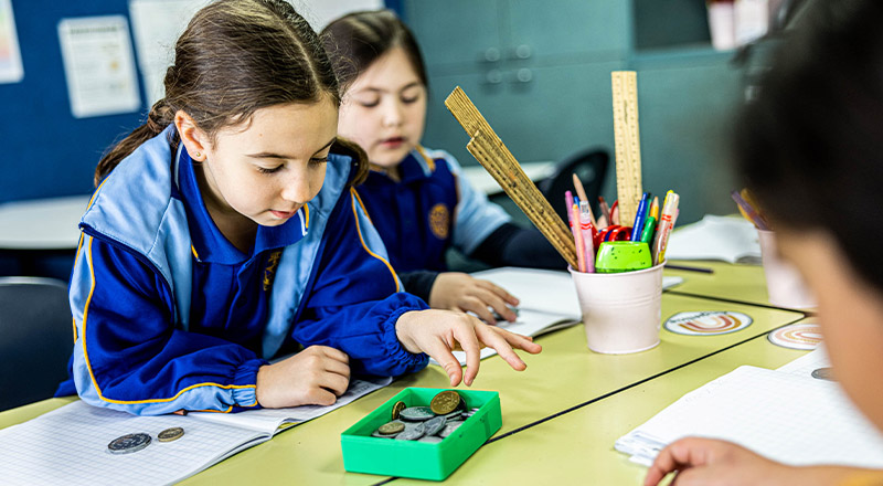 Student counting play money in the classroom at Our Lady Queen of Peace Primary School Greystanes
