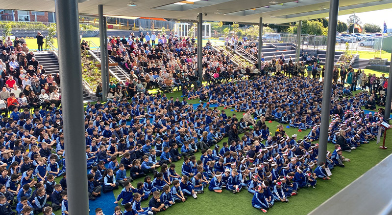 Students at a school assembly at Our Lady Queen of Peace Primary School Greystanes