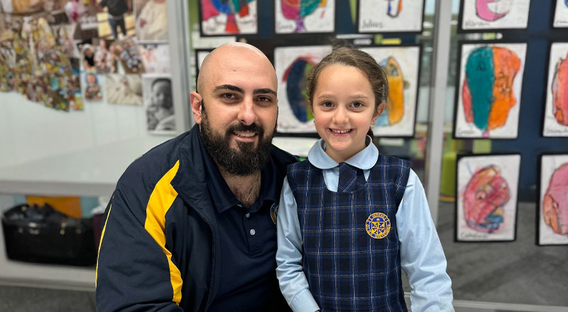 Student with her dad in the classroom at Our Lady Queen of Peace Primary School Greystanes