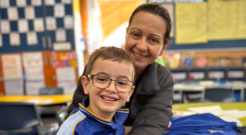 Student and his mother in the classroom at Our Lady Queen of Peace Primary School Greystanes