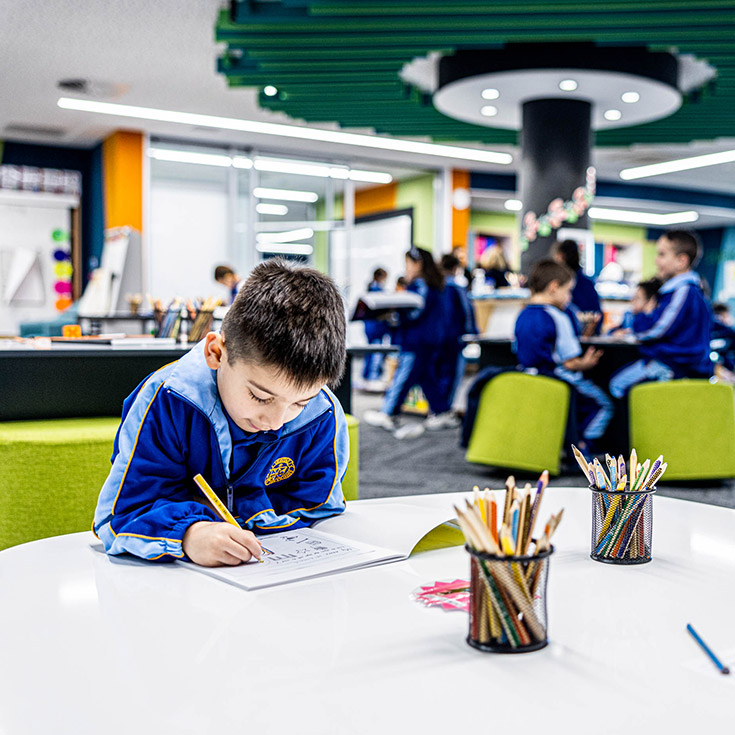 Student writing at his desk in classroom at Our Lady Queen of Peace Primary School Greystanes