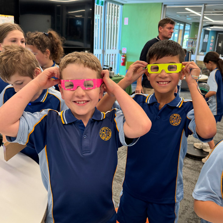 Students wearing 3D glasses during a science incursion at Our Lady Queen of Peace Primary School Greystanes